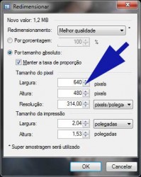 5.jpg (19.87 KiB) Visto 1286 vezes Janela de redimensionamento, escrevam por exemplo 640 na largura (caso a imagem seja horizontal, se for vertical escrevam 640 na altura). Se não mexerem em mais nenhuma opção a outra dimensão é alterada automaticamente. Carreguem em OK. Se estiverem a criar os vossas imagens de perfil (avatar) dêem no máximo 150 pixeis na dimensão maior.