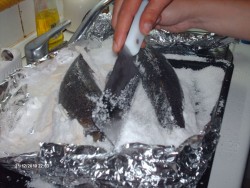 Com o trabalho do forno terminado, começa-se a separar o sal em pedra do respectivo peixe.